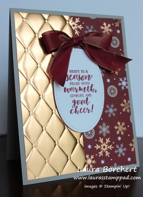 Do you prefer Silver, Gold, or Copper??? Lately, I just can't get enough Copper! It's my favorite right now and the Joyous Noel Suite is fulfilling that!!! Christmas Cards 2018, Stamped Christmas Cards, Handmade Christmas Card, Homemade Christmas Cards, Stampin Up Christmas Cards, Navidad Diy, Christmas Catalogs, Embossed Cards, Stampin Up Christmas