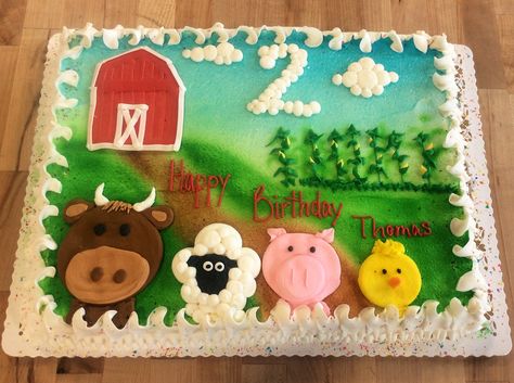 Sheet Cake with Barn and Farm Animals Farm Birthday Cakes, Barnyard Cake, Barn Cake, Farm Animal Cakes, Barnyard Birthday Party, Animal Birthday Cakes, Farm Theme Birthday, Birthday Sheet Cakes, Farm Animal Party