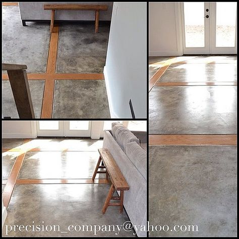 Custom POLISHED CONCRETE FLOORING with Wood Inlays Cement Wood Floor, Wood And Cement Floor, Concrete And Wood Floor, Concrete Wall Wood Floor, Concrete Floor With Wood Inlay, Concrete Wood Floor, Concrete Wood, Cement Floor, Home Addition