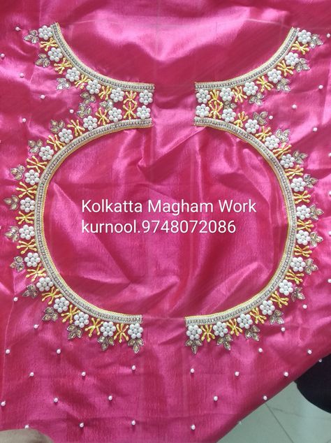 Moti work blouse Muthyam Work Blouse Designs, Moti Hand Work Blouse Design, Pot Neck Maggam Work Designs, Moti Work Blouse Designs, Pearl Work Embroidery Blouses, Moti Work Blouse, Pot Neck, Maggam Blouses, Moti Work