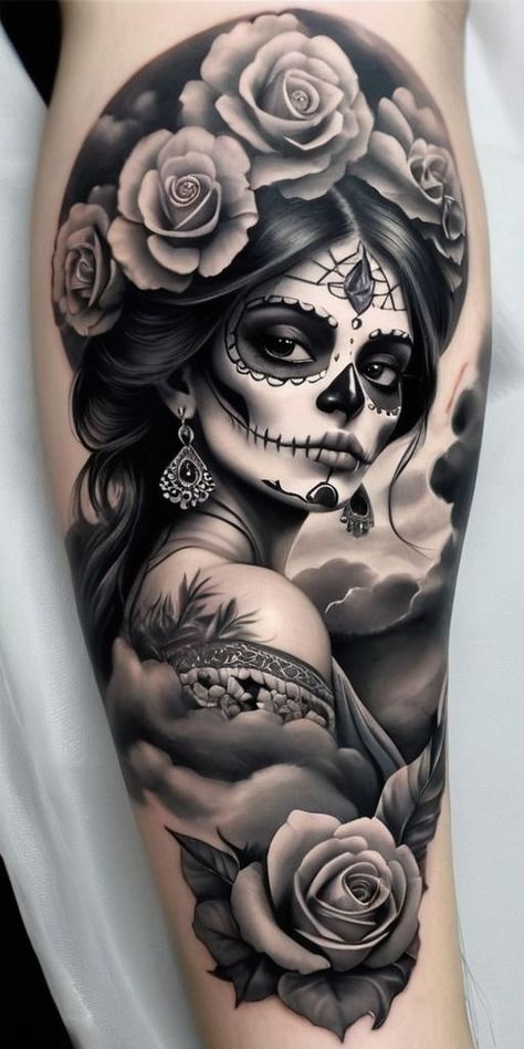 Mexican Skull Tattoos Women, Chicana Tattoo Design, Day Of The Dead Tattoo Designs, Mexican Heritage Tattoos, Day Of The Dead Girl Tattoo, Skull Thigh Tattoos, Mexican Skull Tattoos, Simple Cat Tattoo, Day Of The Dead Tattoo