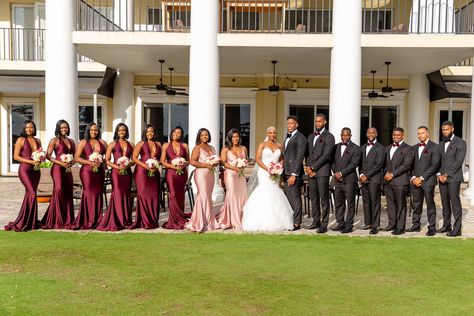 Burgundy Blush Pink And Gold Wedding, Burgundy Glam Wedding, Burgundy And Blush Bridal Party, Wedding Color Maroon, Maroon And Gold Wedding Theme Bridesmaid Dresses, Burgundy And Blush Mens Wedding Attire, Maroon Bridesmaid Dresses Black Women, Rose Gold And Burgundy Wedding Theme Dresses, Wedding Color Schemes Burgundy And Blush