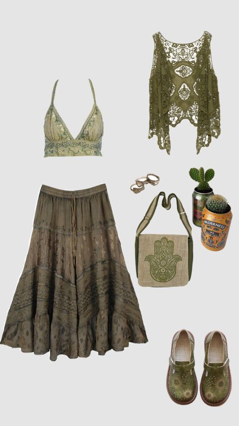 Cute green hippie outfit inspo #outfitinspo #iamabaldman #hippie #green #earth #earthy #greenhippie Earth Outfits, Hippie Outfit Inspo, Earthy Outfits, Future Clothes, Green Earth, B Fashion, Concert Fits, Fairy Dress, 90s Fashion