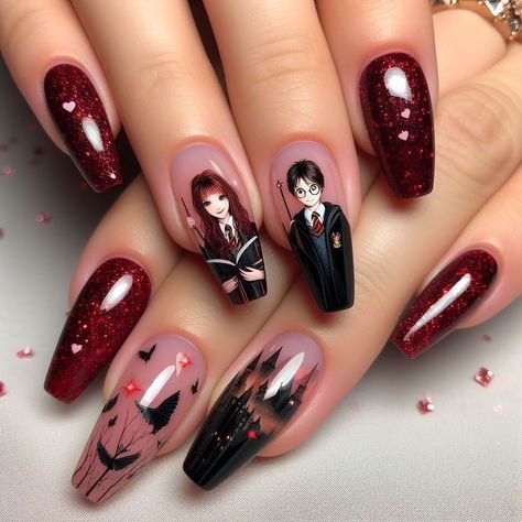 Harry Potter Nail Art Gryffindor, Harry Potter Acrylic Nails Gryffindor, Gryffindor Nails Harry Potter, Harry Potter Nails Gryffindor, Dark Red And Black Nails, Gryffindor Nails, Hogwarts Nails, Basilisk Harry Potter, Harry Potter Nails Designs