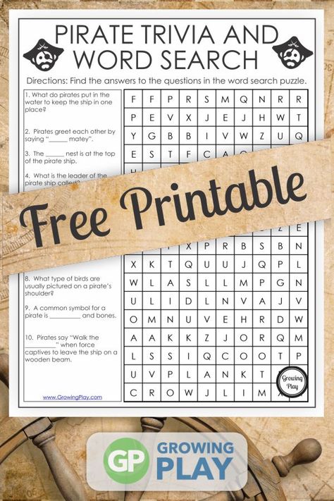 This pirate word search and pirate trivia is a FREE one page puzzle for your entertainment. Combine learning and fun with this free puzzle. Pirate Activities For Kids, Pirate Word Search, Pirate Activities For Kids Summer Camps, Pirate Games For Kids, Pirate Birthday Games, Pirate Bingo Free Printable, Pirate Writing Activities, Pirate Trivia, Pirate Activity Sheets