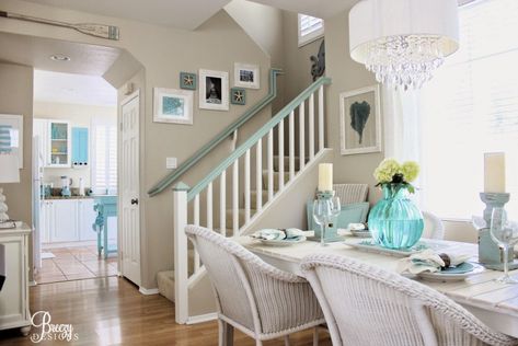 DIY Home Details; like a custom painted handrail on the stairway, and coastal chic created dining table make this space special |by Breezy Design at foxhollowcottage.com Coastal Pumpkins, Hampton Style, Coastal Dining, Coastal Christmas Decor, House Of Turquoise, Coastal Bathrooms, Coastal Living Rooms, Lake Living, Beach Cottage Decor