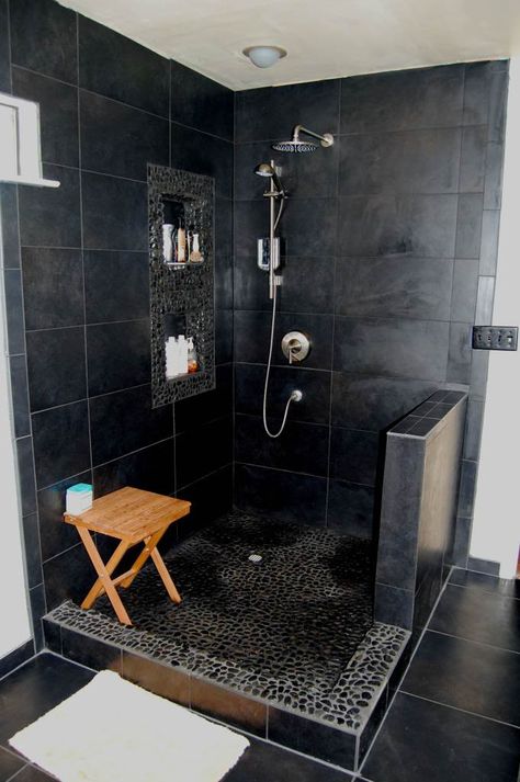 Small Open Shower Bathroom Design: Modern Minimalist Bathroom – Jaybean Black On Black Shower Tile, Black Tile Wet Room, Black Walk In Shower Ideas Tile, Black Tile Shower Bathroom, Black Bathroom Shower Tile, Black Pebble Shower Floor, Black Tile Bathroom Ideas, Bathroom Black Tiles, Black Tiles Bathroom