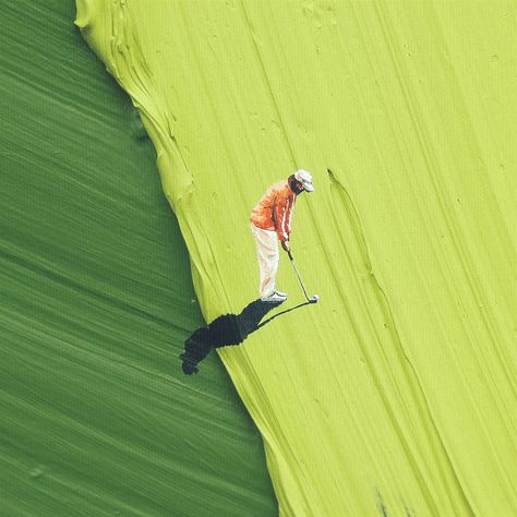 Gone Clubbing started its journey as part of a commercial shoot with a furniture company. I then painted skiers on the canvas before deciding to switch up my initial idea by painting green all over the white texture. The green, however, was too overwhelming and as such I added the sandy coloured stroke along with a lighter green stroke to make this artwork look like a golf course. As such, I painted 27 golfers of all walks of life: celebrities like @lewishamilton and @djkhaled as well as pr... Charly Brown, Golf Painting, Commercial Shoot, Golf Art, Aerial Photos, Painting Green, Inspiration Painting, Textured Canvas, Textured Canvas Art