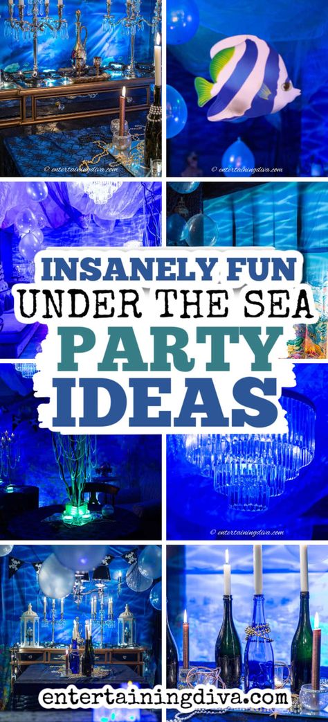 Elegant Under The Sea Party Ideas | Holidays and events Under Sea Centerpiece, Under The Sea Scary, Sea Party Table Decorations, Diy Ocean Themed Party Decor, Marine Themed Party, Pirate Mermaid Trunk Or Treat, Kraken Party Ideas, Cheap Under The Sea Decorations, Ocean Theme Bday Party