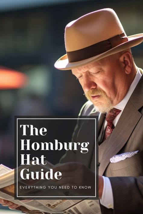 Photo of a man wearing a felt Homburg hat with a bound brim of two and a half inches and a domed crown four inches high, reading a newspaper at a bustling city square with a hot dog stand and a passing crowd, basked in the morning sunlight Homburg Hat Men Style, Hat Guide, Hat Men Outfit, Homburg Hat, Gentleman Hat, Gentlemans Guide, Homburg, Hat Stands, Hat Men