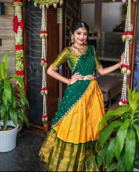 Half Saree Poses Photoshoot Ideas, Modern Half Saree, Half Saree Poses, Puberty Function, Haldi Ideas, Haldi Poses, Mehendi Decoration, Long Skirt Top Designs, South Wedding