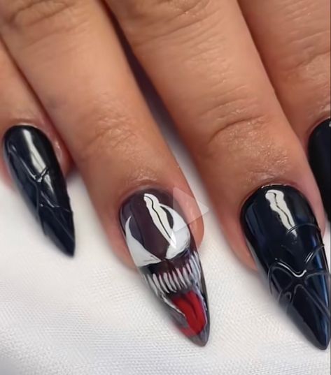 Spider Man And Venom Nails, Venom Inspired Nails, Miles Morales Nails Designs, Venom Nails Designs, Venom Nails Acrylic, Black Spiderman Nails, Venom Nail Art, Miles Morales Nails, Marvel Nails Designs