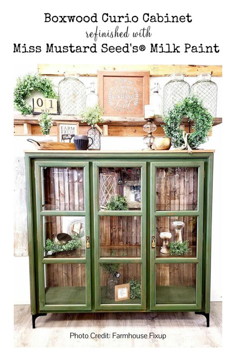 Curio cabinet painted in Boxwood by Miss Mustard Seed’s® Milk Paint Refinished Curio Cabinet Ideas, Green Curio Cabinet, Diy Curio Cabinet, Oddities Cabinet, Painted Curio Cabinets, Milk Paint Kitchen Cabinets, Curio Cabinet Makeover, Armoire Repurpose, Paint Your Kitchen Cabinets