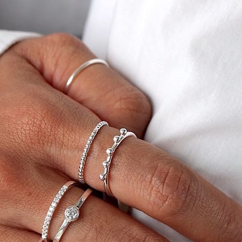 If you can’t decide what to wear, just wear them all!  SHOP: www.jcojewellery.com . . . #jcolook #jewelry #jewellery #ring #rings #sterlingsilver #sterlingsilverjewelry #sterlingsilverjewellery #sterlingsilverring #stackingring #ringstack #daintyjewelry #dainty #silver #layeringrings #layeringjewelry Rings Simple Everyday, Hand Jewelry Rings, Bubble Ball, Silver Rings Simple, Prom Jewelry, Cute Rings, Hand Jewelry, Girly Jewelry, Rings Simple