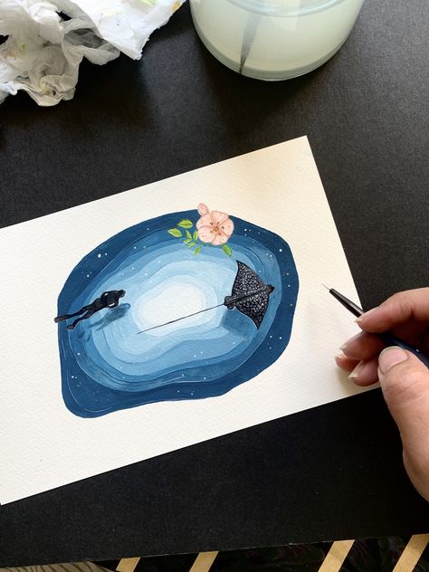 Orca Watercolor Painting, Gouache Beginner, Sting Ray Art, Guache Illustration, Ray Painting, Color Markers Art, Eagle Ray, Oil Painting Nature, Doodle Art Journals