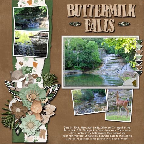 Waterfall Scrapbook, Scrapbook Page Ideas, Buttermilk Falls, Travel Scrapbook Pages, Beautiful Scrapbook Layouts, Mountain Waterfall, Vacation Scrapbook, Page Ideas, Scrapbook Layout