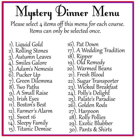 Mystery Meal Ideas, Mystery Supper Ideas, Mystery Dinner Menu Ideas, Birthday Dinner Ideas, Dinner Ideas For Kids, Dinner Theater, Mystery Dinner Party, Progressive Dinner, Mystery Parties