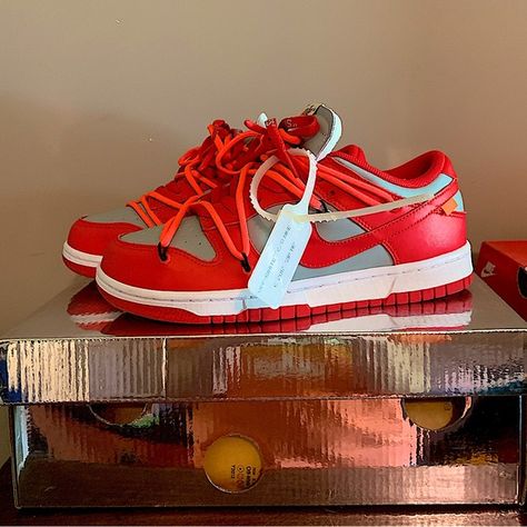 Off- White x Dunk Low ‘University red Off White Dunks Outfit, White Dunks Outfit, Off White Dunks, White Dunks, Dunks Outfit, Dunk Low, Red And Grey, Black Outfit, Sneakers Shoes