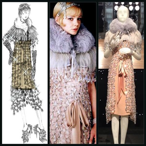 The Great Gatsby (2013) | Miuccia Prada sketched this iconic crystal gown worn by actress Carey Mulligan (Daisy Buchanan) and later displayed at Prada's Soho (NYC) store to celebratecthe opening of Baz Luhrmann's 3D film adaptation of Fitzgerald's classic. The Great Gatsby Movie Costumes, The Great Gatsby Fashion, Daisy Buchanan Costume, The Great Gatsby 2013, Crystal Gown, Gatsby Look, Costume Design Sketch, Film Costumes, Daisy Buchanan