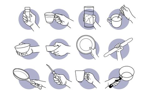 Hand holding kitchen crookery and drinking cup. Vector illustrations of hand holding cup, mug, glass, bowl, plate, roller, frying pan, can opener, and saucepan. Hand Holding Bowl Reference, Holding A Plate Reference Drawing, Holding Bowl Reference Drawing, Hand Holding Plate Reference, Holding Plate Reference, Hand Holding Plate, Holding Cup Reference, Hand Holding Mug, Hand Holding Cup