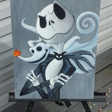 Jack Skellington and Zero painted with oils on 16 by 20 canvas. KristieJarvis. Jack Skellington Canvas Painting, Nightmare Before Christmas Acrylic Painting, Jack Skeleton Painting, Jack The Skeleton Painting, Jack And Sally Painting, Painting Halloween Canvas, Jack Skellington Painting, Zero Painting, Halloween Paintings On Canvas