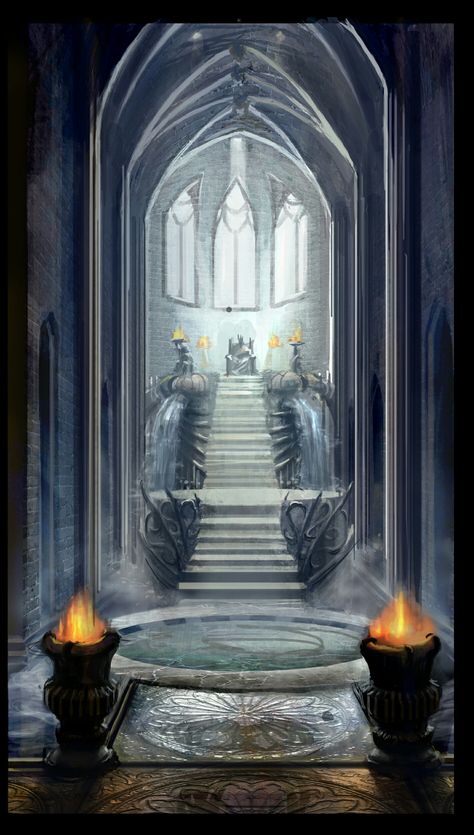 Salão Real da Cidadela Gelida, local de descanço eterno do antigo Rei e de sua loucura sem fim. Games Design, Throne Room, Arte Cyberpunk, Fantasy City, Fantasy Castle, Fantasy Setting, Fantasy Places, A Castle, Fantasy Concept Art