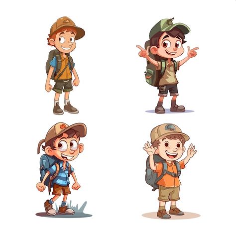 Vector a set of four illustrations of a ... | Premium Vector #Freepik #vector Adventurer Illustration, Backpacking Illustration, Adventurer Character Design, Art Brainstorm, Adventure Character, Simple Characters, Forest Cartoon, Student Cartoon, Bag Illustration