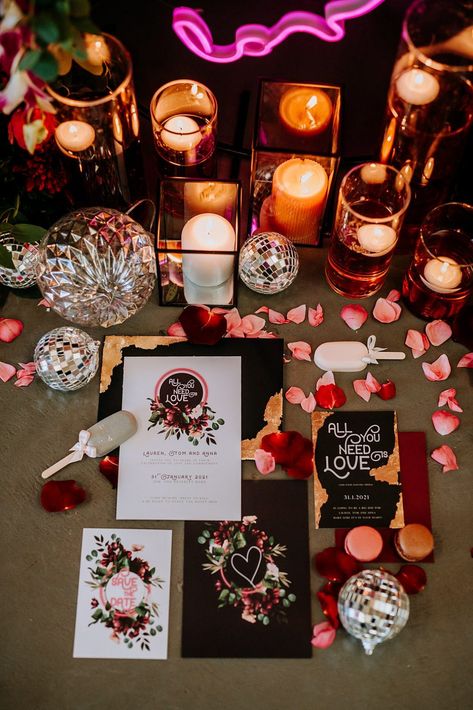 Love Without Judgement | Alternative Wedding Inspiration with Disco Balls and Neon Signs | Festival Brides Music Lover Wedding, Rock And Roll Wedding Theme, Disco Wedding Invitation, Festival Wedding Ideas, Disco Table, Alternative Wedding Invitations, Alternative Wedding Inspiration, Without Judgement, 70s Wedding