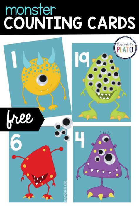 These monster counting cards are perfect for practicing number recognition and counting as kids add eyes to each monster card. The freebie’s an engaging way to practice the numbers 1 to 20. Great for prek and kindergarten kids! #counting #numbersense Free Math Centers, Counting Activities Preschool, Playdough To Plato, Cool Math, Monster Box, Monster Craft, Math Centers Kindergarten, Toddler Education, Halloween Math