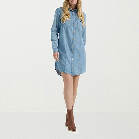 Wranglers denim shirt dress features 100% cotton fabrication, 2 chest snap pockets with w embroidery on front pockets and 2 side slip pockets.Closure Type: Pullover HeadNeckline: Collar NeckPockets: 2 Front Button Pockets, 2 Front Slip PocketsSleeve Length: Long SleeveDress Length: Midi LengthFiber Content: 100% CottonFabric Description: DenimCare: Machine Wash, Tumble DryMaterial: CottonCountry of Origin: Imported Wrangler Denim Shirt, Style Shirt Dress, Dress For Fall, Medium Dresses, Denim Shirt Dress, Medium Dress, Dress Shirts For Women, Womens Long Sleeve Shirts, Shirt Dresses