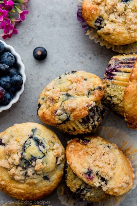 These light and fluffy lemon blueberry muffins taste just as good—or better!—than any bakery version. Greek yogurt keeps them extra moist, and you can top with a lemony brown sugar crumb topping. Recipe on sallysbakingaddiction.com Blueberry Muffins Sallys Baking, Healthy Yogurt Muffin Recipes, Healthy Lemon Muffins Greek Yogurt, Sallysbakingaddiction Muffins, Blueberry Lemon Muffins Greek Yogurt, Blueberry Muffins Lemon, Lemon Blueberry Yogurt Muffins, Best Lemon Blueberry Muffins, Lemon Berry Muffins