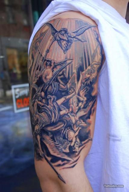 Tattoomagz.com › Tattoo Designs / Ink-Works Gallery Religious Tattoos For Men, Military Sleeve Tattoo, Family Sleeve Tattoo, Names Tattoos For Men, Scripture Tattoos, Cool Half Sleeve Tattoos, Scene Tattoo, Biblical Tattoos, Military Tattoos