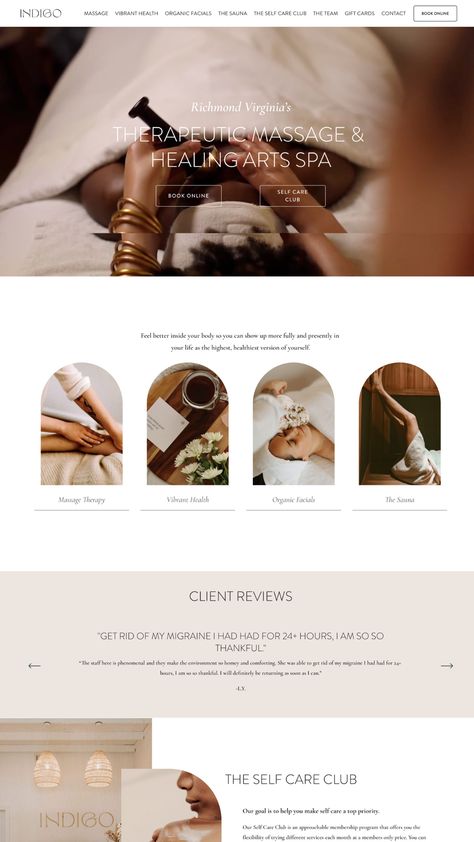 Massage and Healing arts spa website design inspiration on Squarespace - Self Care minimal asethetic design wows clients and helps them feel calm and comfortable while booking their next appointment to grow your wellness business! Esthetics Website Design, Med Spa Website Design, Aesthetic Clinic Website Design, Luxury Spa Branding, Med Spa Branding, Med Spa Website, Med Spa Aesthetic, Spa Website Design, Website Branding Design