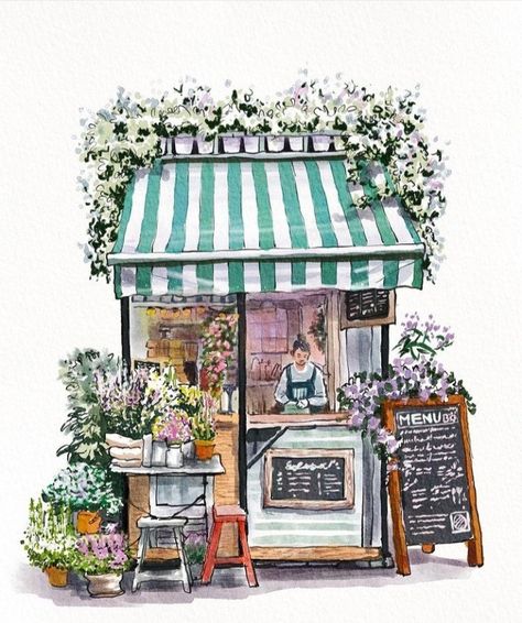 Aesthetic Cafe Drawing, Flower Shop Drawing, Cafe Watercolor, Cafe Drawing, Canvas Painting For Beginners, Canvas For Beginners, Watercolor Architecture, Building Illustration, Texture Painting On Canvas