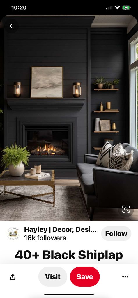 Plant Wall Fireplace, Dark Faux Fireplace, Black Panel Fireplace Wall, Moody Fireplace Decor, Wall Detail, Fireplace Mantles, Green Accent Walls, Black Accent Walls, Dream Farmhouse