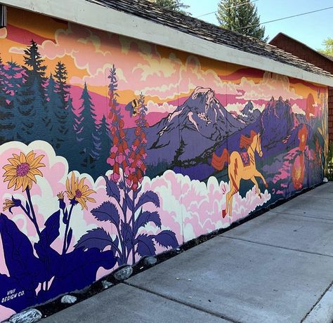 Nature Mural Painting, Town Mural Ideas, This Must Be The Place Mural, Mural Wall Art Outdoor, Maximalist Mural, Outdoor Mural Ideas, Public Mural, Nature Murals, City Murals