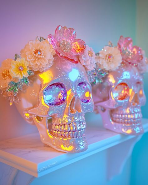 Iridescent Glossy Skulls for Spooky Season 💀✨. I am obsessed with how this series turned out and I think these deserve a 2nd set. 🩷🩷🩷✨✨✨ #Halloween #Skulls #HalloweenDecor #Spooky #Iridescent #IridescentArt Vaporwave Halloween, Iridescent Halloween, Spooky Island Disco Skull, Neon Skeleton Art, Hot Pink Skull Wallpaper, Halloween Skulls, Easy Doodle Art, Dreamy Room, Simple Doodles