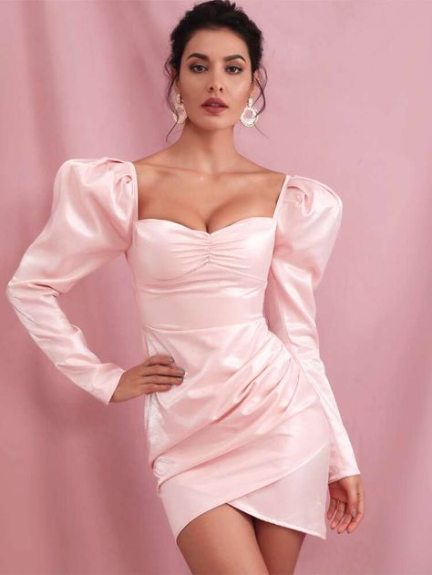 Free Returns ✓ Free Shipping On Orders $49+ ✓. Sweetheart Gigot Sleeve Wrap Dress- Dresses at SHEIN. Pink Wedding Guest Dresses, Satin Shirt Dress, Party Mini Dress, Quality Dresses, Pink Skirt, Pink Mini Dresses, Long Sleeve Mini, Solid Dress, Bandage Dress