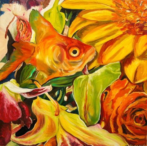 Goldfish & Flowers by Michelle Parsons Michelle Parsons, Food Project, Space Light, Food Projects, Flower Paintings, Art Animals, Gcse Art, British Art, Blurred Background