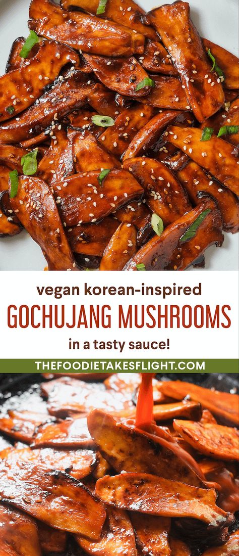 Gochujang Mushrooms, Trumpet Mushrooms Recipe, Vegan Gochujang, King Oyster Mushroom Recipe, Mushroom Recipes Vegan, Oyster Mushroom Recipe, Korean Vegan, King Oyster Mushrooms, Vegetable Pancakes