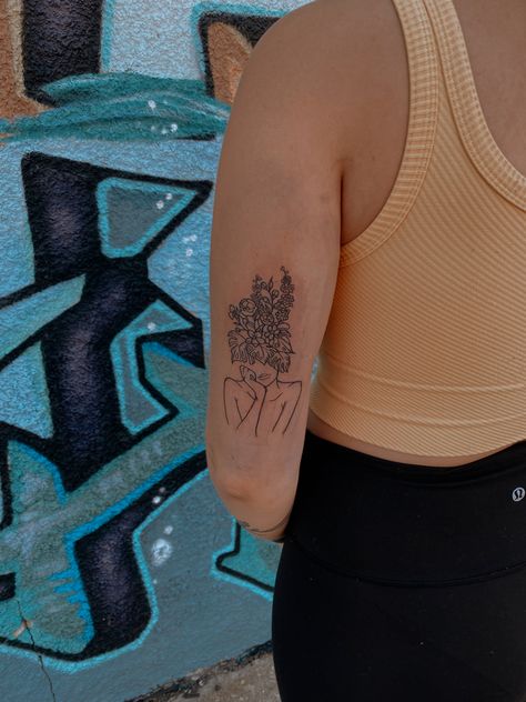 Woman Head With Flowers Tattoo, Headless Woman Tattoo, Blooming Head Tattoo, Tattoo Head With Flowers, Women With Flower Head Tattoo, Flowers Coming Out Of Head Tattoo, Still Growing Tattoos For Women, Growing Pains Tattoo, Flower Hair Tattoo