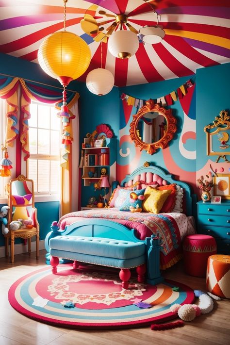 Carnival Bedroom, Maximalist Bed, Circus Themed Bedroom, Circus Bedroom, Creative Headboard, Elegant Bedroom Decor, Colorful Headboard, Fantasy Bedroom, Bedroom Drapes