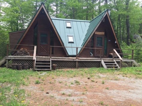 Double A Frame House, Tree Forts, A Frame Cabins, Building Remodeling, A Frame House Plans, Maine Vacation, Cabin Exterior, Tiny Cabins, Under Contract