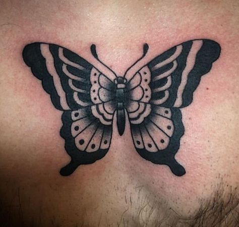 Black Traditional Butterfly Tattoo, Traditional Butterflies Tattoo, Old Style Butterfly Tattoo, Classic Butterfly Tattoo, Butterfly American Traditional Tattoo, Traditional Moth Tattoo Color, American Traditional Butterfly Tattoo Black, Black And Gray Butterfly Tattoo, Old School Tattoo Women