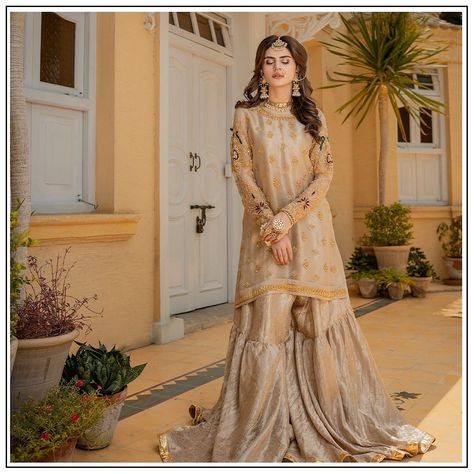 Banarsi Frock Design, Pakistani Gharara, Party Wear Long Gowns, Bridal Mehndi Dresses, Nikah Dress, Long Frock Designs, Heavy Dresses, Formal Wear Dresses, Pakistani Fashion Party Wear