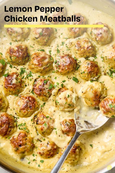 Tender chicken meatballs flavored with lemon pepper seasoning are finished in a creamy but not-too-rich sauce. Foods Easy To Digest, Creamy Lemon Pepper Chicken, Turkey Meatballs Recipe, Chicken Meatball Recipes, Pepper Seasoning, Ground Chicken Recipes, Lemon Pepper Seasoning, Lemon Pepper Chicken, Easy Chicken Dinner Recipes