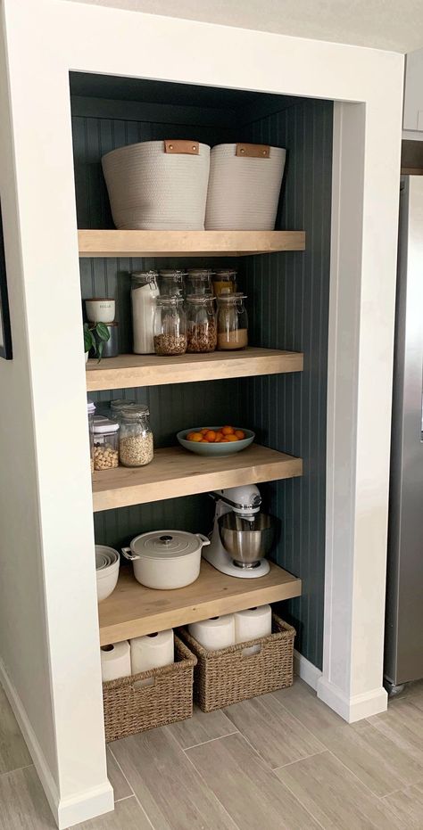 [AffiliateLink] 70 Impressive Small Open Shelves Kitchen Pantry Recommendations To Learn More Right Now #smallopenshelveskitchenpantry Pantry Space In Small Kitchen, Wooden Shelf Pantry, Pantry Nook Ideas, Turn A Closet Into A Pantry, Small Open Pantry, Pantry Wall Design, Pantry With No Door, Small Pantry Closet Design, Wooden Pantry Shelves