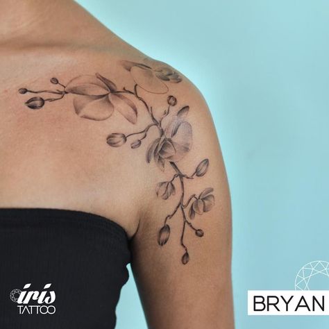 Orchid Tattoo On Shoulder, Orchid Arm Tattoos For Women, Orchid Collar Bone Tattoo, Orchid Tattoo Collar Bone, Orchid Tattoo Black And White, Orchid Chest Tattoo, Orchid Shoulder Tattoo, Fine Line Orchid Tattoo, Under Collar Bone Tattoos