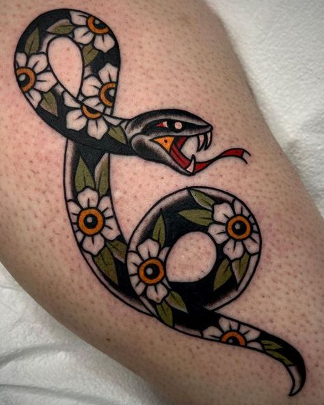 Americana Snake Tattoo, Taurus Tattoo Traditional, Traditional Style Snake Tattoo, Vertical Traditional Tattoo, Knee Tattoo American Traditional, American Traditional Wrist Tattoo, Witchy Traditional Tattoo, Slang Tattoo, American Traditional Tattoos Color