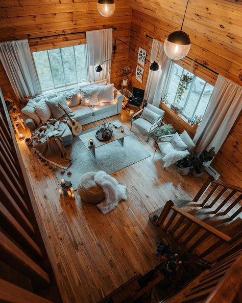 Christopher Funk on Instagram: “Loft view @ashpinehome” Boho Log Cabin, Hygge Cabin, Treehouse Living, Cozy Cabin In The Woods, Building A Small House, Ecological House, Log Cabin Interior, Tree House Plans, Cozy Cabins